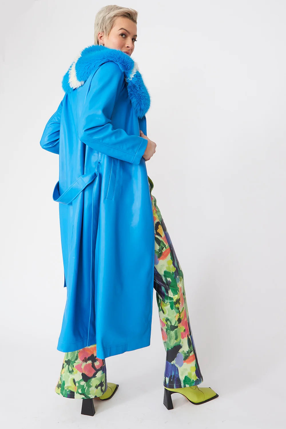 Blue Tencel Blend Eco Leather Trench Coat-3