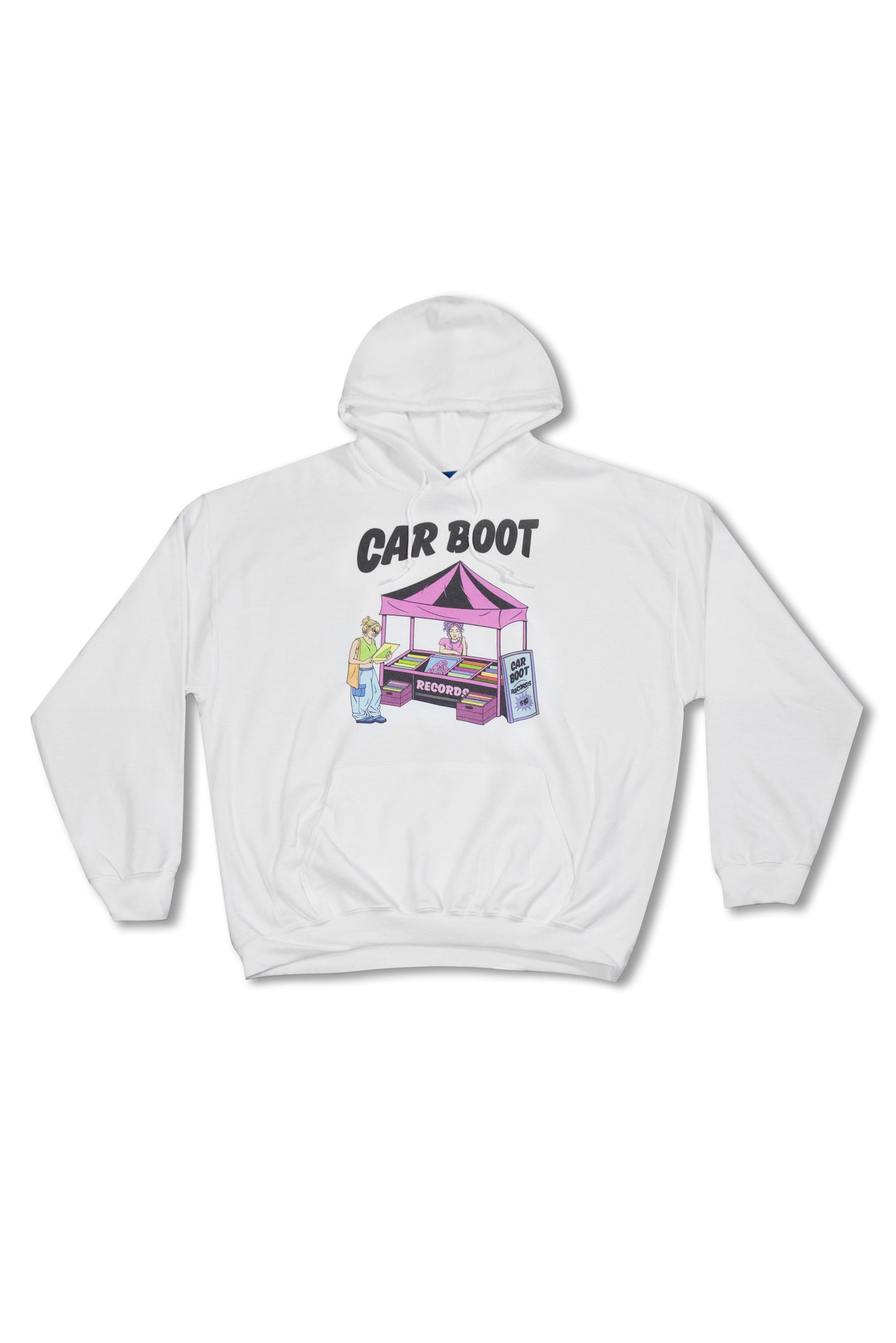 Hoodie in White with Car Boot Market Stall Print-0
