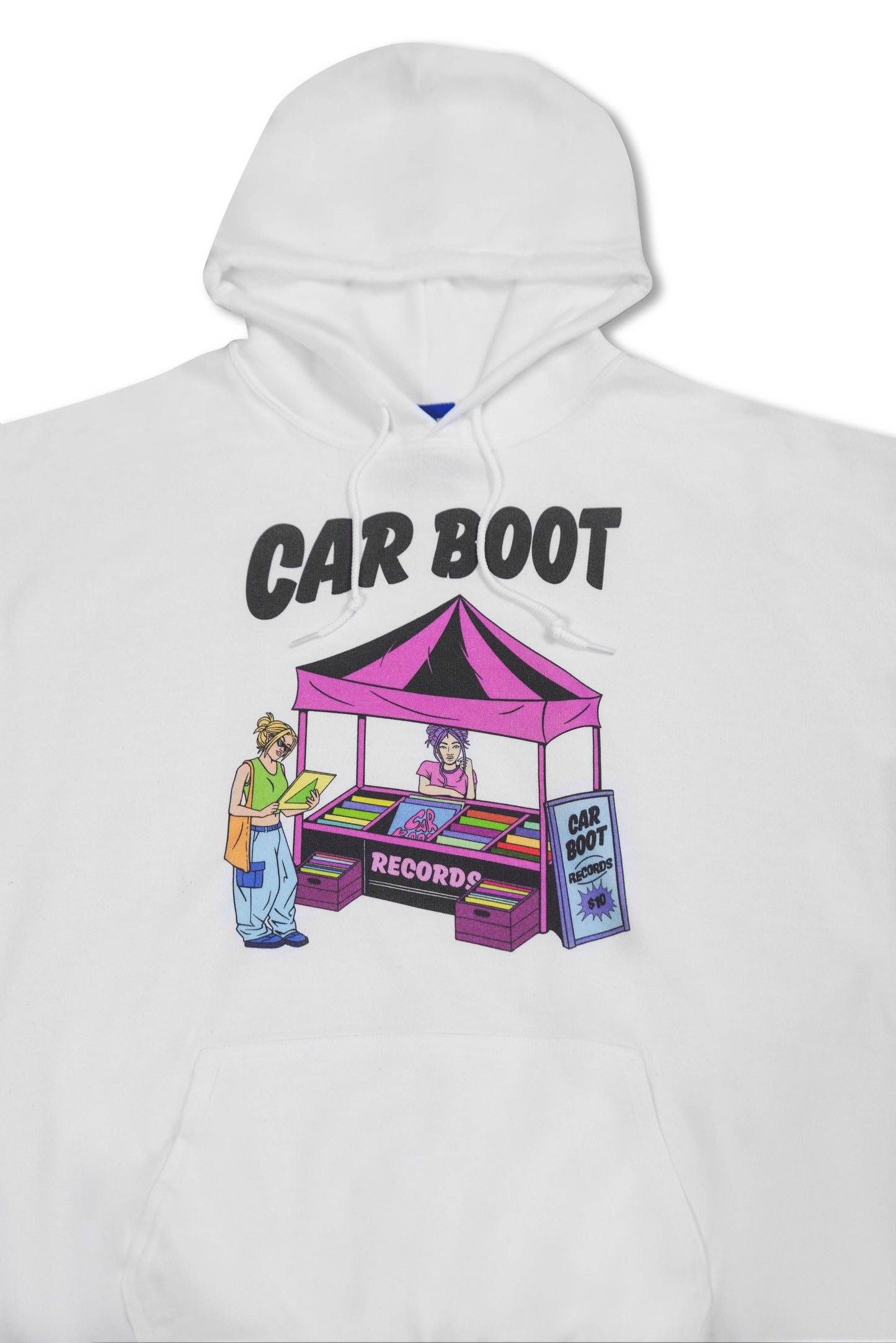 Hoodie in White with Car Boot Market Stall Print-1