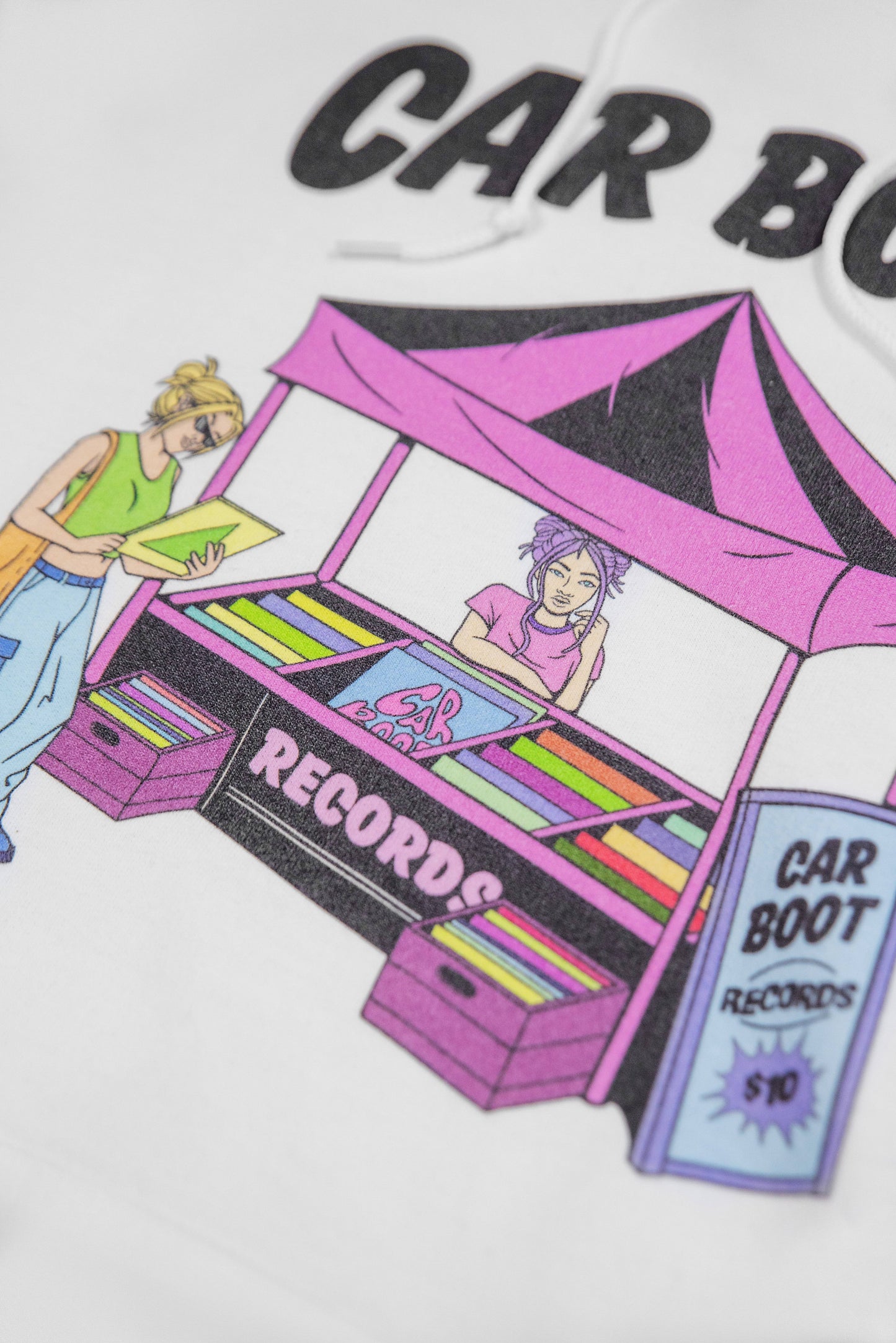 Hoodie in White with Car Boot Market Stall Print-2