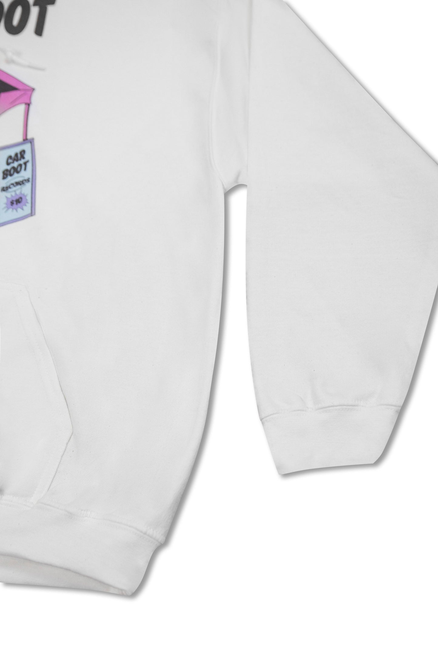 Hoodie in White with Car Boot Market Stall Print-3