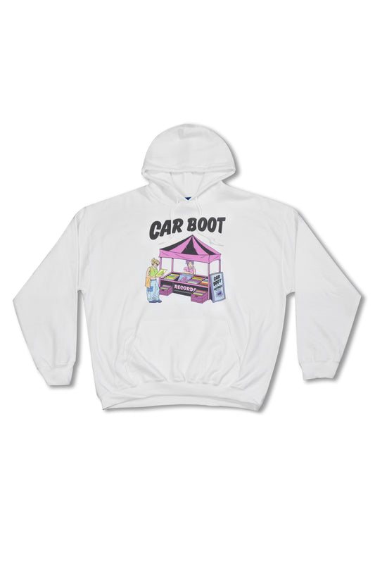 Hoodie in White with Car Boot Market Stall Print-0