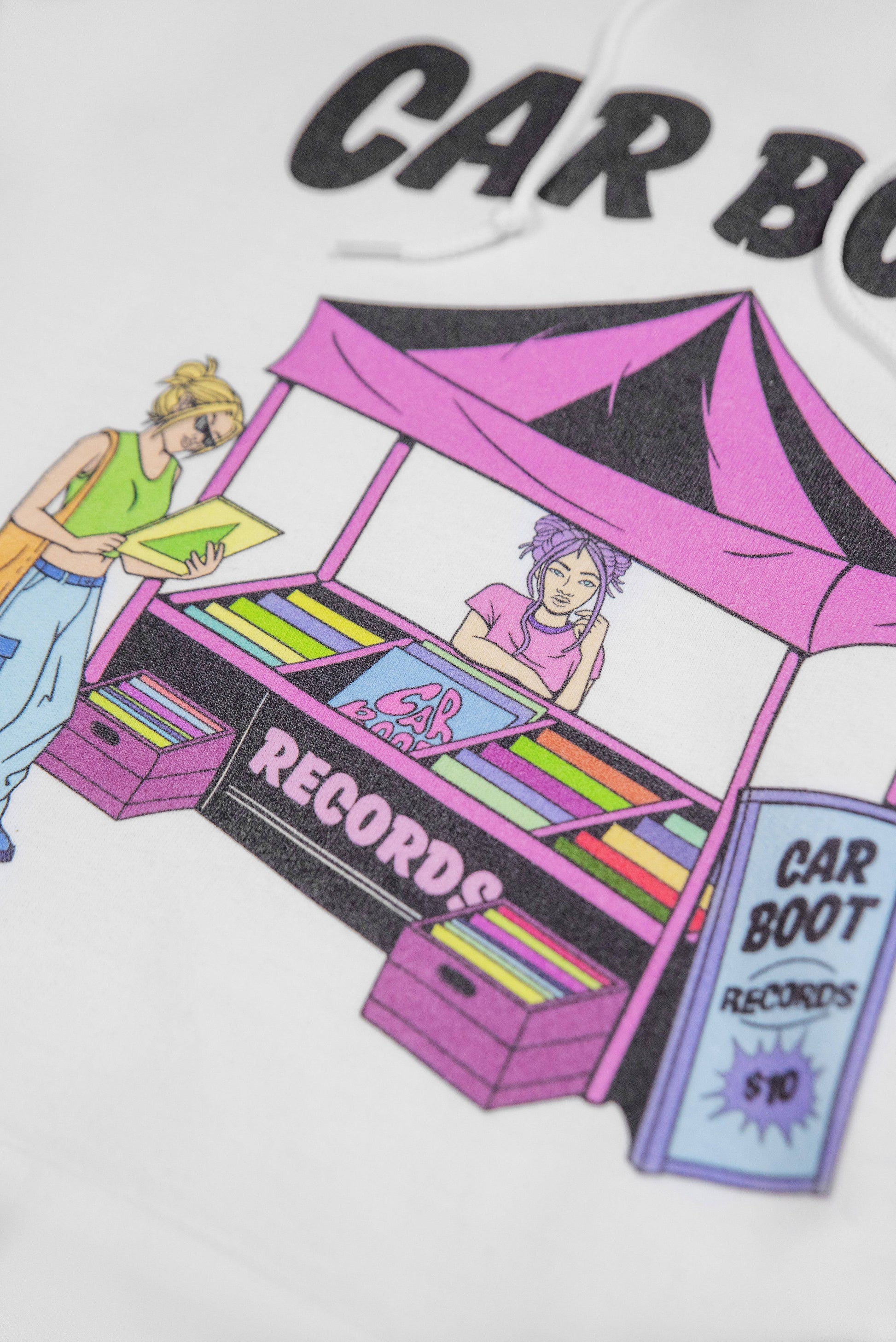 Hoodie in White with Car Boot Market Stall Print-2