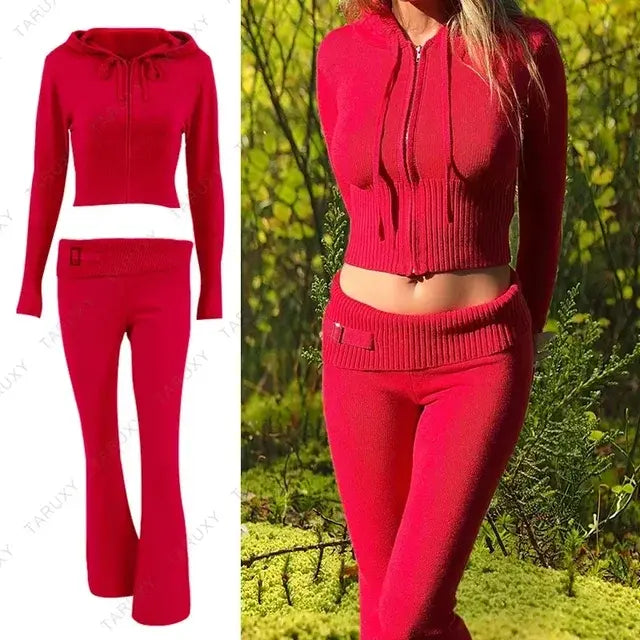 Knitted Hoodie Cropped Top And Pants Set